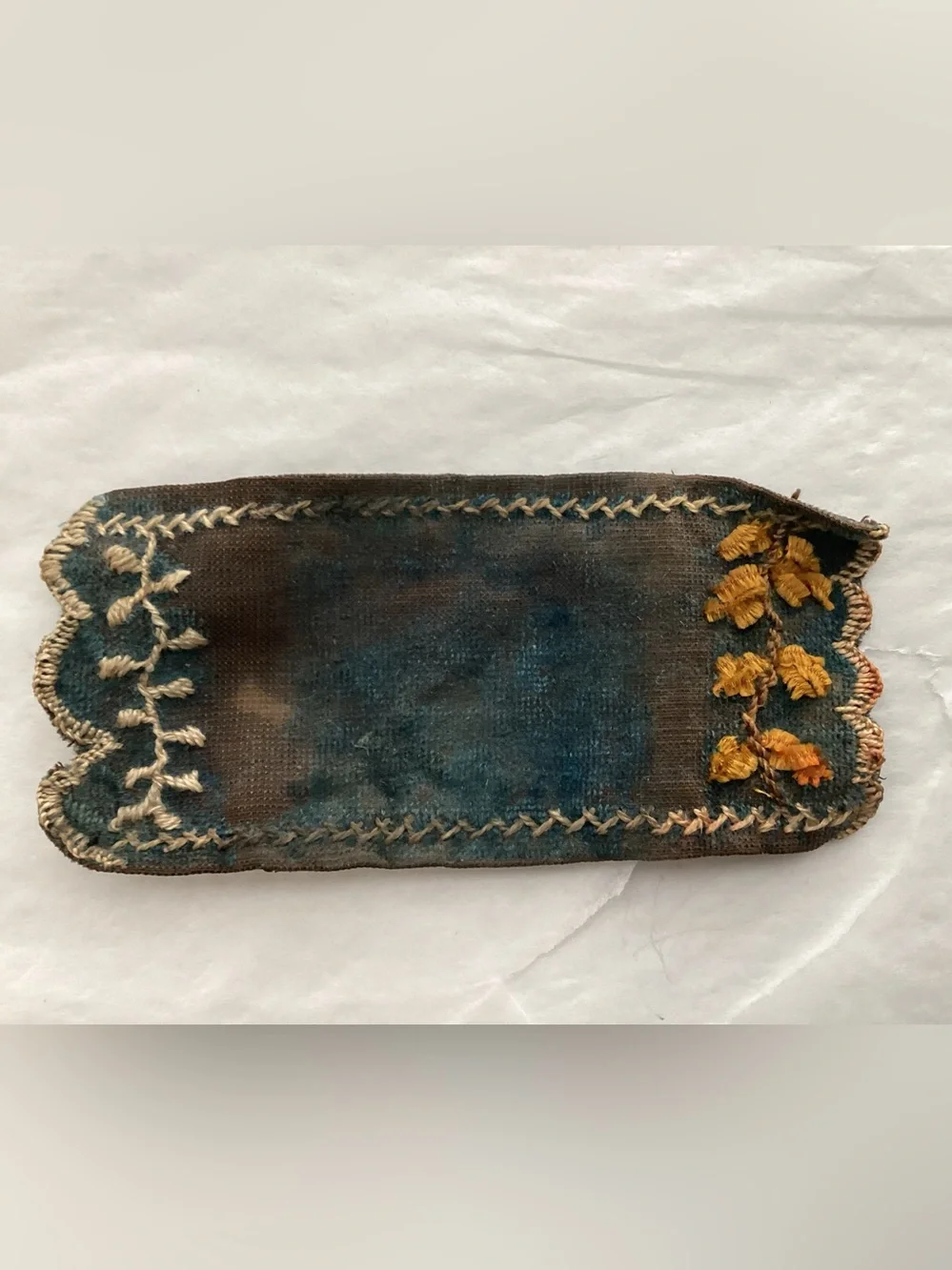 Antique miniature dollhouse rug hand sewn and embroidered.  Blue fabric